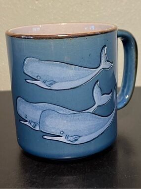 Vintage Otagiri Blue Ceramic Whale Mug with Pod of Light Blue Whales ~ Coastal
